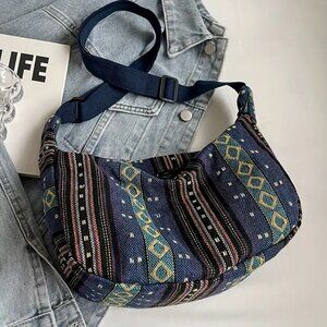 BOHO Western Tribal Shoulder Bag Foldable Travel Zip Closure Blue Medium Tote